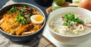 Pho vs. Ramen: Which One’s Right for You? 1 (Split-screen image showing a hearty bowl of ramen on the left and a light, clear pho on the right—perfectly highlighting the contrast between the two iconic noodle soups.)